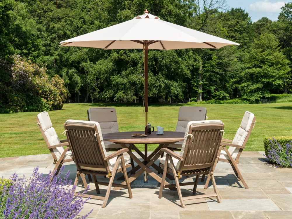 Alexander Rose Sherwood Chestnut Acacia Folding Dining Set Ecru Hardwood Parasol High Quality Garden Furniture