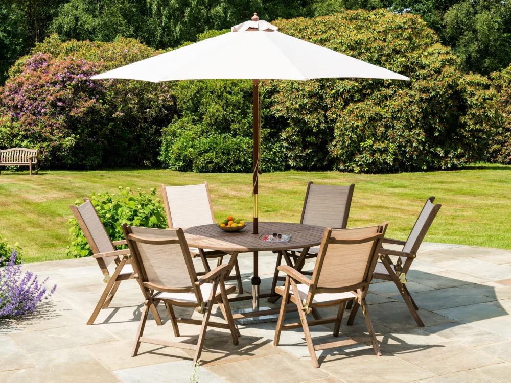 Alexander Rose Sherwood Chestnut Acacia Folding Dining Set Chestnut Acacia Sling Folding Armchair Ecru Hardwood Parasol High Quality Garden Furniture