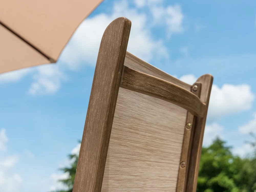Alexander Rose Sherwood Chestnut Acacia Sling Folding Armchair Close up Photo High Quality Garden Furniture