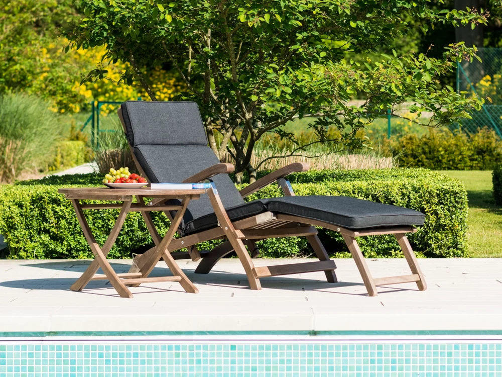 Alexander Rose Chestnut Acacia Steamer with Charcoal Olefin Cushion Bengal Roble Folding Occasional Table Luxury Hardwood Garden Furniture