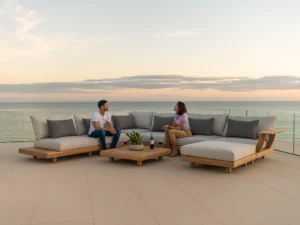 Alexander Rose Sorrento Modular Set Couple Relaxing with a bottle of wine Luxury Teak Garden Furniture