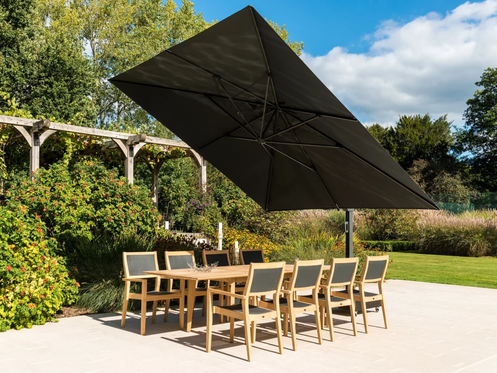 Alexander Rose Tivoli Roble Stacking Armchair and Extending Table Charcoal Square Cantilever Parasol High Quality Garden Furniture