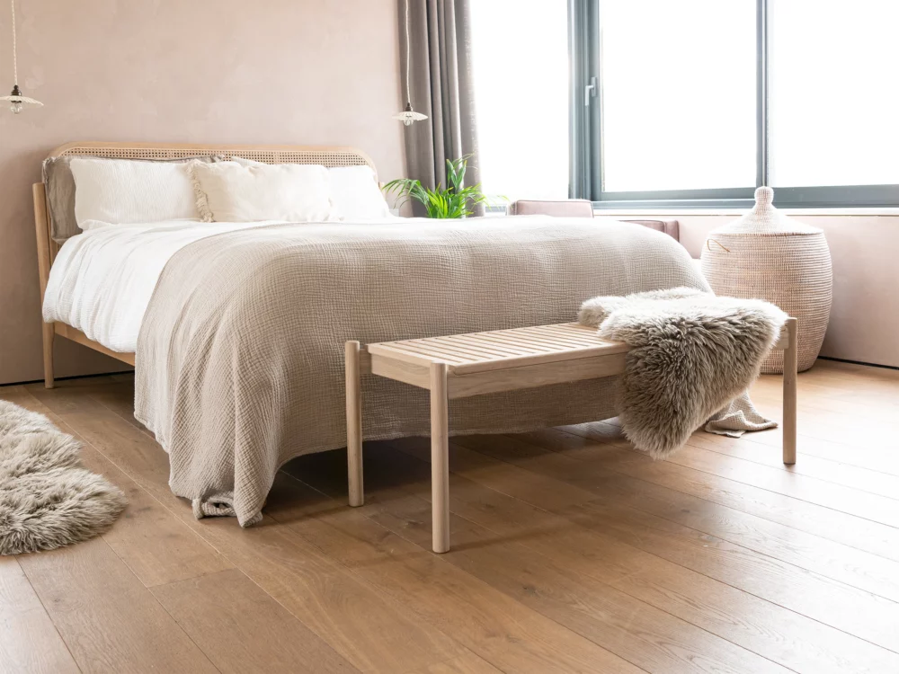 Alexander Rose Trak Bench Indoor Oak at the End of the Bed High Quality Indoor Oak Furniture