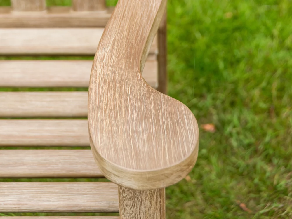 Alexander Rose Turnberry Chestnut Acacia 5ft Close up of the arm High Quality Hardwood Bench